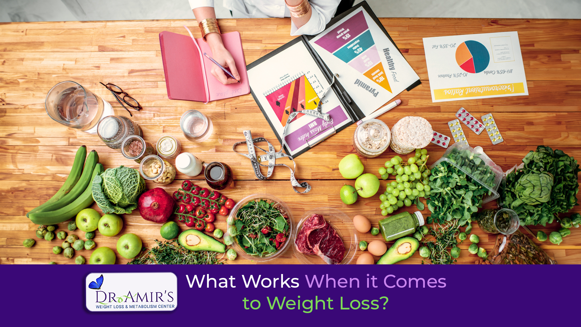 A picture of a table full of a variety of raw food and a woman writng with the title "What Works When it Comes to Weight Loss? "