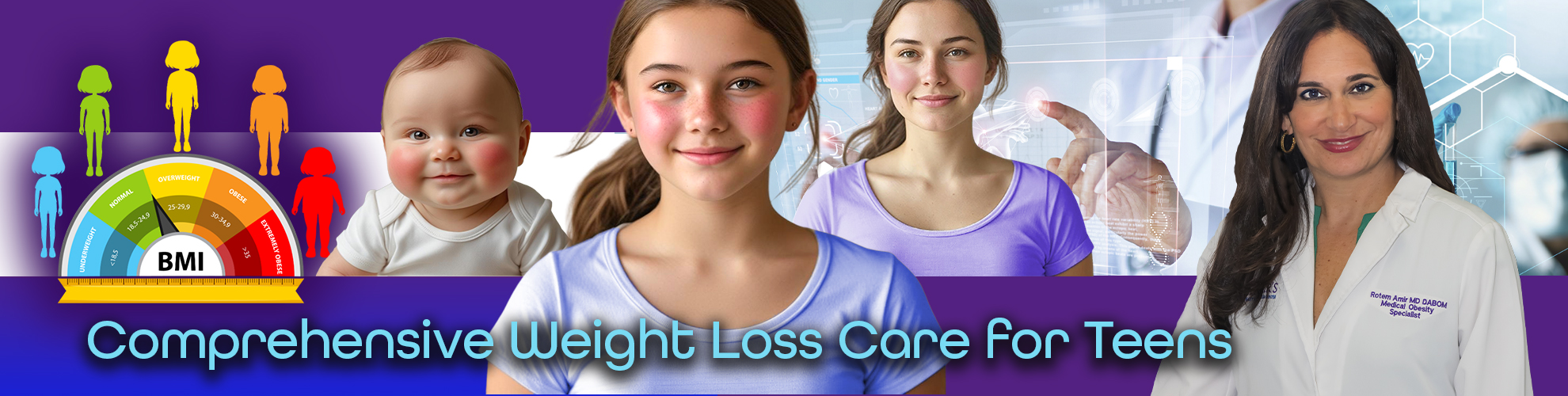 A collage with a baby face, the same face as a teenager and young adult , Dr. Amir face and the title "Comprehensive Weight Loss Care for Teens"